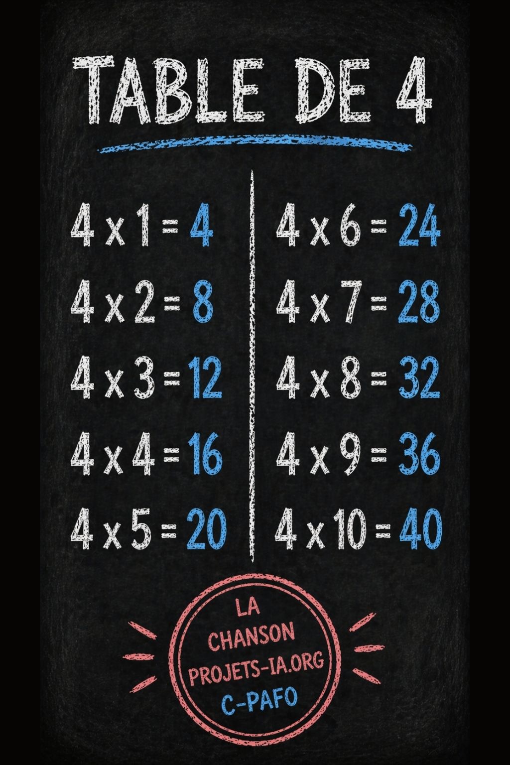LA TABLE DE MULTIPLICATION PAR 4
