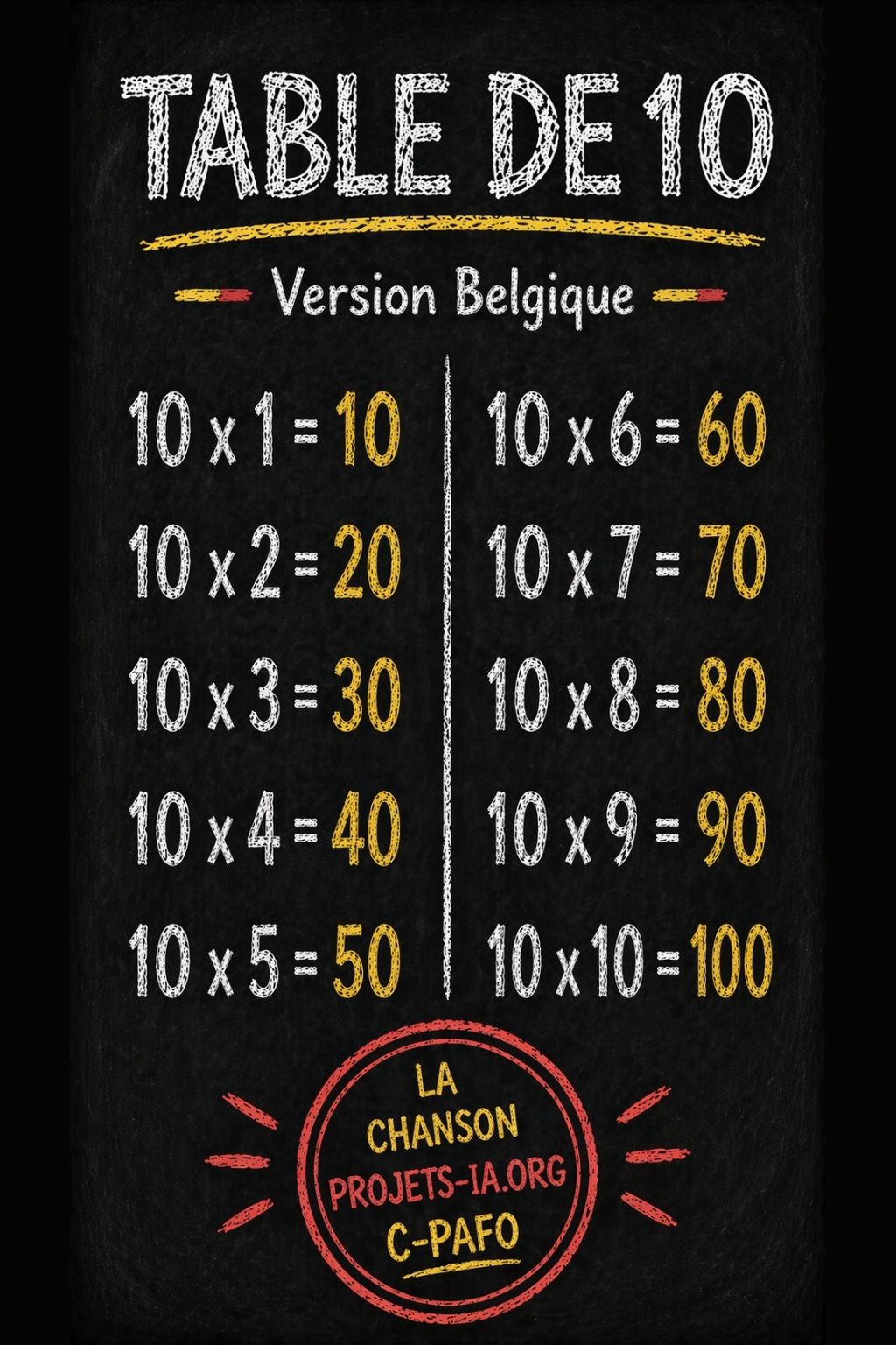 LA TABLE DE MULTIPLICATION PAR 10 VERSION BELGIQUE
